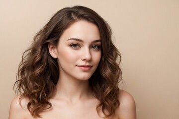 Naklejka premium Beautiful young woman with wavy hair on a beige background with copy space. Beautiful woman with pretty skin. Skin Care Concept.