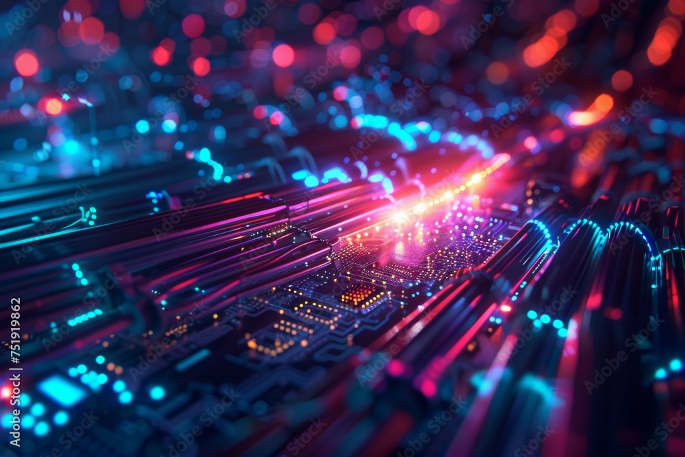 Poster a computer chip is shown in a colorful, abstract style