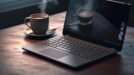 Photo of Laptop and cup of coffee