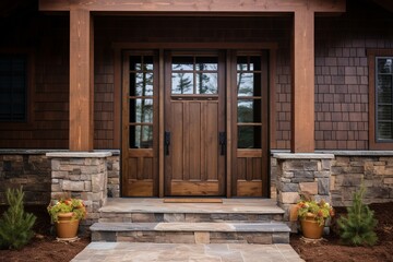 New house with front wooden door of the house with decoration and flowers in front of it. Generative AI.