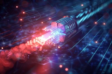 A blue and red image of a fiber optic cable with red and blue lights