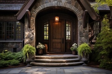 New house with front wooden door of the house with decoration and flowers in front of it. Generative AI.