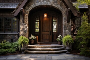 New house with front wooden door of the house with decoration and flowers in front of it. Generative AI.