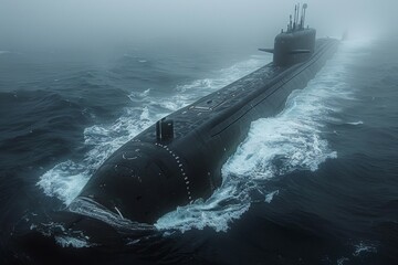 A large submarine is in the water, with the waves crashing around it
