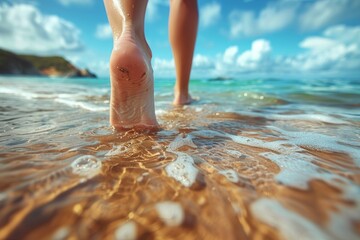 A woman's foot is in the water, and the water is brown - Powered by Adobe