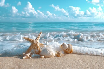 Fototapeta na wymiar A beach scene with a starfish and shells on the sand