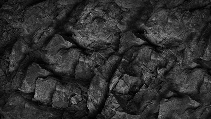 Black white dark gray stone rock granite basalt texture background. Mountains surface. Close-up. Cracked broken crumbled.