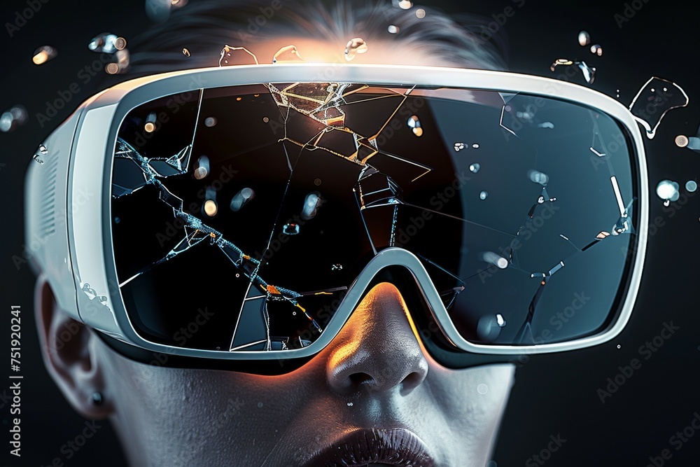 Poster broken virtual reality glasses with cracks. background with selective focus and copy space