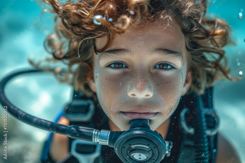 Poster child at diving lessons. background with selective focus and copy space