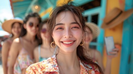 Portrait beautiful happy young asian woman wear colorful shirt for sonkran festival  