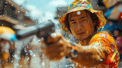 An Asian man   have  water guns joyfully participates in the Songkran festival