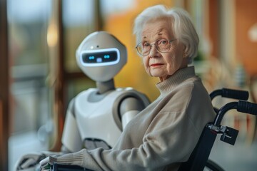 An elderly woman sits in a wheelchair next to a robot - obrazy, fototapety, plakaty