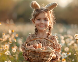 The photograph captures an endearing moment of a young girl adorned with a bunny ear headband, symbolizing innocence and playfulness. She stands amidst a backdrop of natural beauty, where soft, pastel