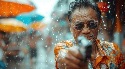 A lively scene capturing a Thai man joyfully participating in the Songkran festival, Thailand's traditional New Year celebration known for its iconic water festivities. The man, wearing a colorful Haw
