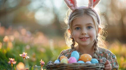 The photograph captures an endearing moment of a young girl adorned with a bunny ear headband, symbolizing innocence and playfulness. She stands amidst a backdrop of natural beauty, where soft, pastel