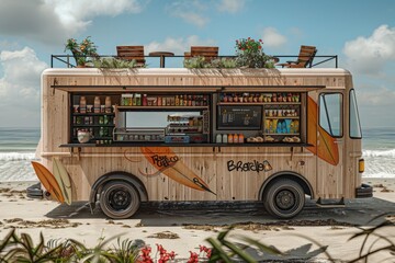 Envision a food truck mock-up in a quaint suburban neighborhood. The truck's design is retro, reminiscent of classic diners,	
