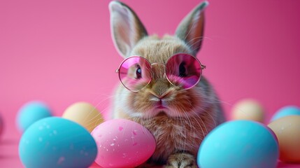  The image presents an adorable rabbit wearing glasses, positioned against a soft pink background, creating a charming and whimsical scene. This fluffy creature appears calm and stylish, evoking a sen