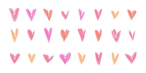 Set of cute bright doodle hand drawn pink, orange, red hearts with messy white textured lines for lovely Valentines day greeting cards and banners design, love stickers