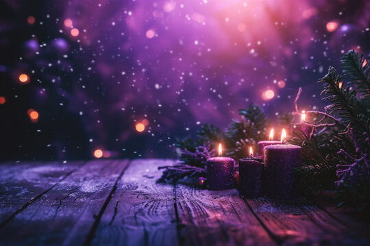 Christmas and New Year background with candles and fir branches on wooden table