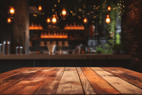Empty wooden table and Coffee shop blur background with bokeh