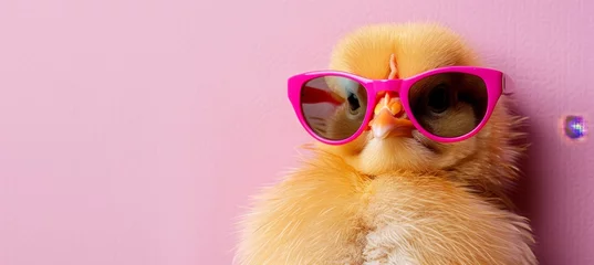 Fotobehang Humorous chicken wearing sunglasses isolated on pastel background with copy space for text © Ilja
