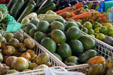 Fresh ripe green avocados, tropical fruits and vegetables on farmers market on Fuerteventura, Canary islands, Spain