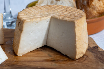 Cheese collection, piece of fresh smoked Spanish goat cheese close up