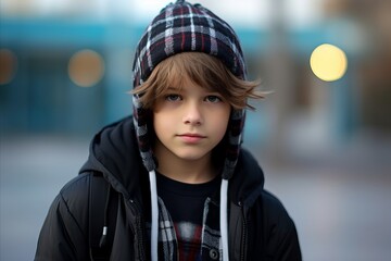 Fototapeta na wymiar Portrait of a boy in a winter jacket and hat on the street