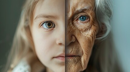 Half girl's face and half grandmother's face or the same old person and girl in high resolution and high quality. concept life cycle,grandmother,girl,wrinkles - obrazy, fototapety, plakaty
