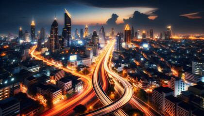 Fototapeta na wymiar Captivating long exposure photo of a city at night, featuring vivid light trails and a lively urban atmosphere, with the skyline dramatically lit against the dark sky.