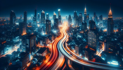 Vibrant long exposure photo capturing the dynamic light trails and bustling atmosphere of a city at night, with illuminated streets and a striking skyline.