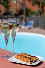 Glasses of sparkling wine cava or  champagne with chocolate cakes, romantic event on all inclusive...