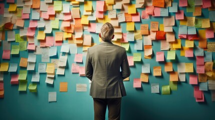 Businessman is looking at a wall covered in sticky notes