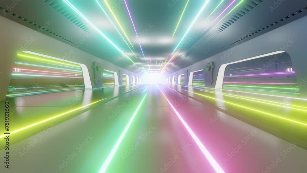 Poster science lab or sci-fi corridor. bright light at end rushing in. colorful style design concept. scien