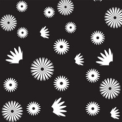 Seamless pattern with daisy flower and hand drawn hearts on black background vector file  illustration. Cute floral print. 