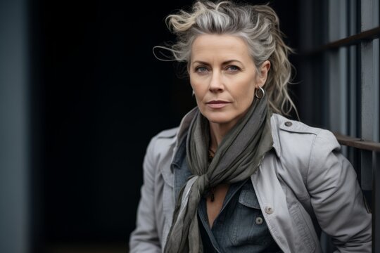 Portrait of a beautiful middle-aged woman in a gray jacket and scarf