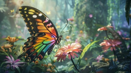 Stunning butterfly displaying a spectrum of colors while resting on a vibrant flower in a forest setting. generative ai