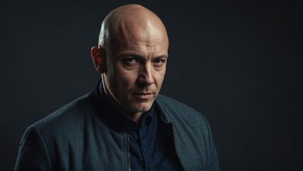 Obraz premium A confident middle aged bald man in a black dark room studio lighting