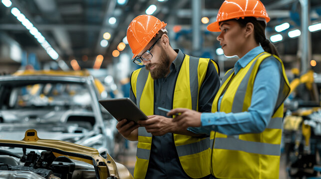 Male Specialist and Female Car Factory Engineer in High Visibility Vests Using Tablet Computer. Automotive Industrial Manufacturing Facility Working on Vehicle Production. Diversity on Assembly Plant.