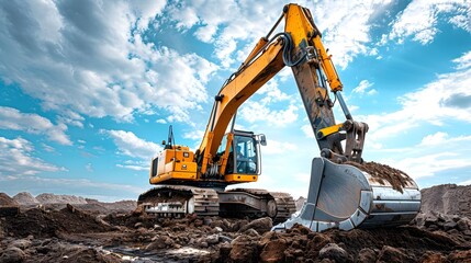 Excavator Digging Soil on Dirt Field, This image showcases the power and versatility of excavators in construction and earthmoving, highlighting the - obrazy, fototapety, plakaty