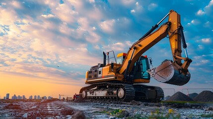 Excavator at Work in Richly Colored Skies, To provide a striking and dynamic image of an excavator in a construction site, suitable for advertising,