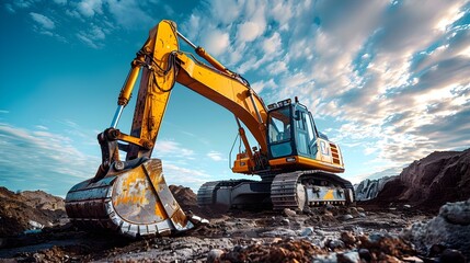 Excavator Working on Construction Site, To showcase the power and versatility of heavy construction equipment, specifically an excavator, in action