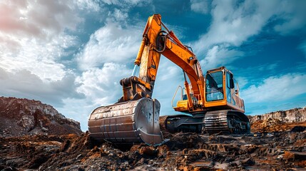 Excavator in Field with Earthmoving Machinery, High-quality and high-resolution image for any design need Use in construction, heavy machinery, and