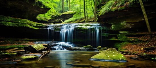 A small waterfall flows gently in the midst of a lush forest. The water cascades down rocks, creating a calming and natural scene in the serene surroundings.