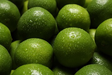Fresh ripe limes with water drops as background, closeup