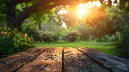 Sunlit Wooden Table in Lush Green Garden, To provide a serene and natural background for various design projects, including advertisements, blog - obrazy, fototapety, plakaty