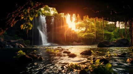 Sunlit Waterfall Hidden in Lush Cave, To provide a captivating and high-quality image of a unique waterfall scene, suitable for various commercial