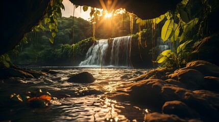 Sunlit Waterfall in the Tropics, To showcase the natural beauty and serenity of a sunlit waterfall in the jungle, perfect for use as a desktop