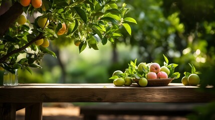 Vibrant Fruit Garden on Wooden Table, To provide a high-quality and visually appealing stock photo...