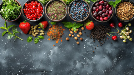 Top view of herbs spices and fruit used in herbal medicine in round wooden bowl on dark background, copy space. - obrazy, fototapety, plakaty